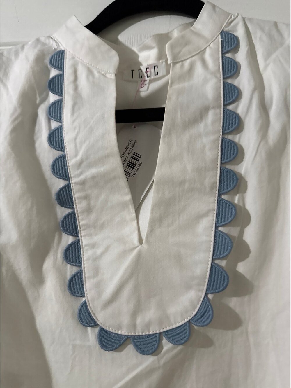 TCEC White Top with Powder Blue Trim Puff Sleeve Peplum Medium NWT Boutique - Picture 3 of 6